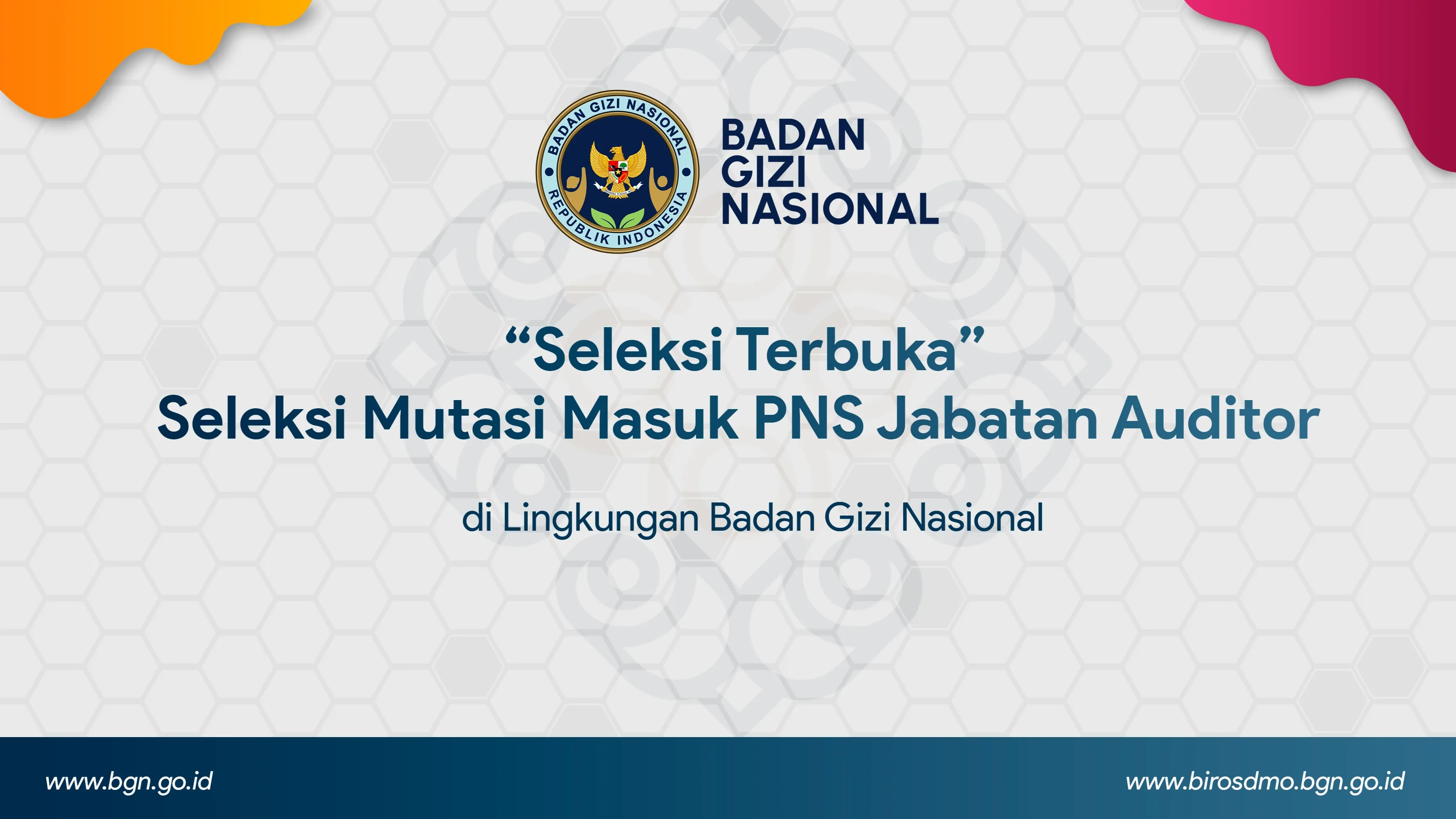 Seleksi Terbuka - Seleksi Mutasi Masuk PNS Jabatan Auditor di Lingkungan Badan Gizi Nasional Kepulauan Riau
